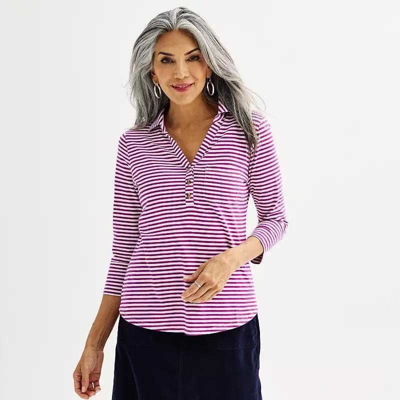 Womens Croft & Barrow Single Pocket 3/4-Sleeve Polo Shirt, Womens Pink Stripe Product Image