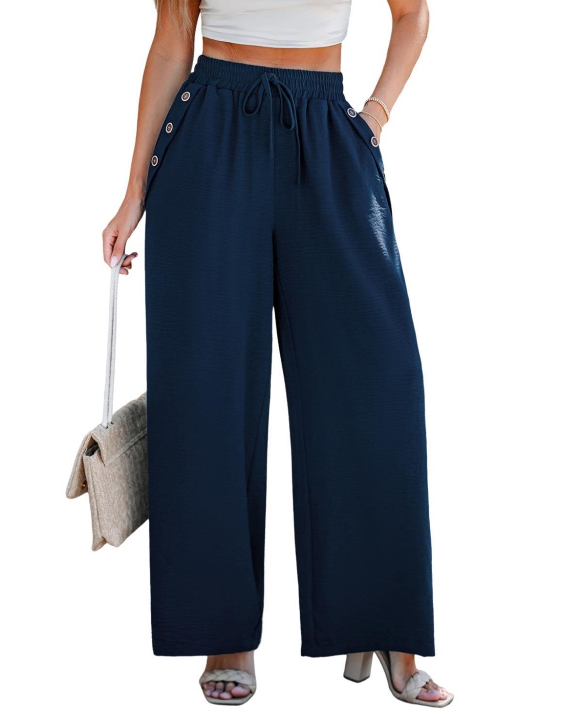 Cupshe Womens Navy Elastic Waist Wide Leg Button Pants Product Image