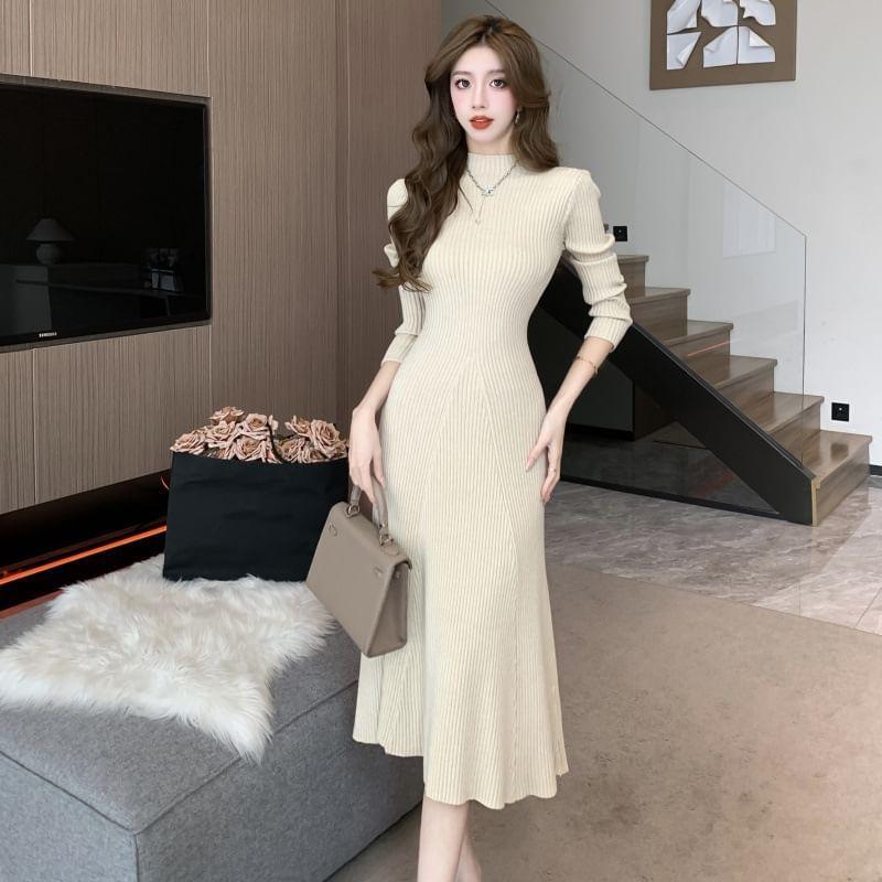 Long-Sleeve Mock Neck Knit Midi Mermaid Dress Product Image