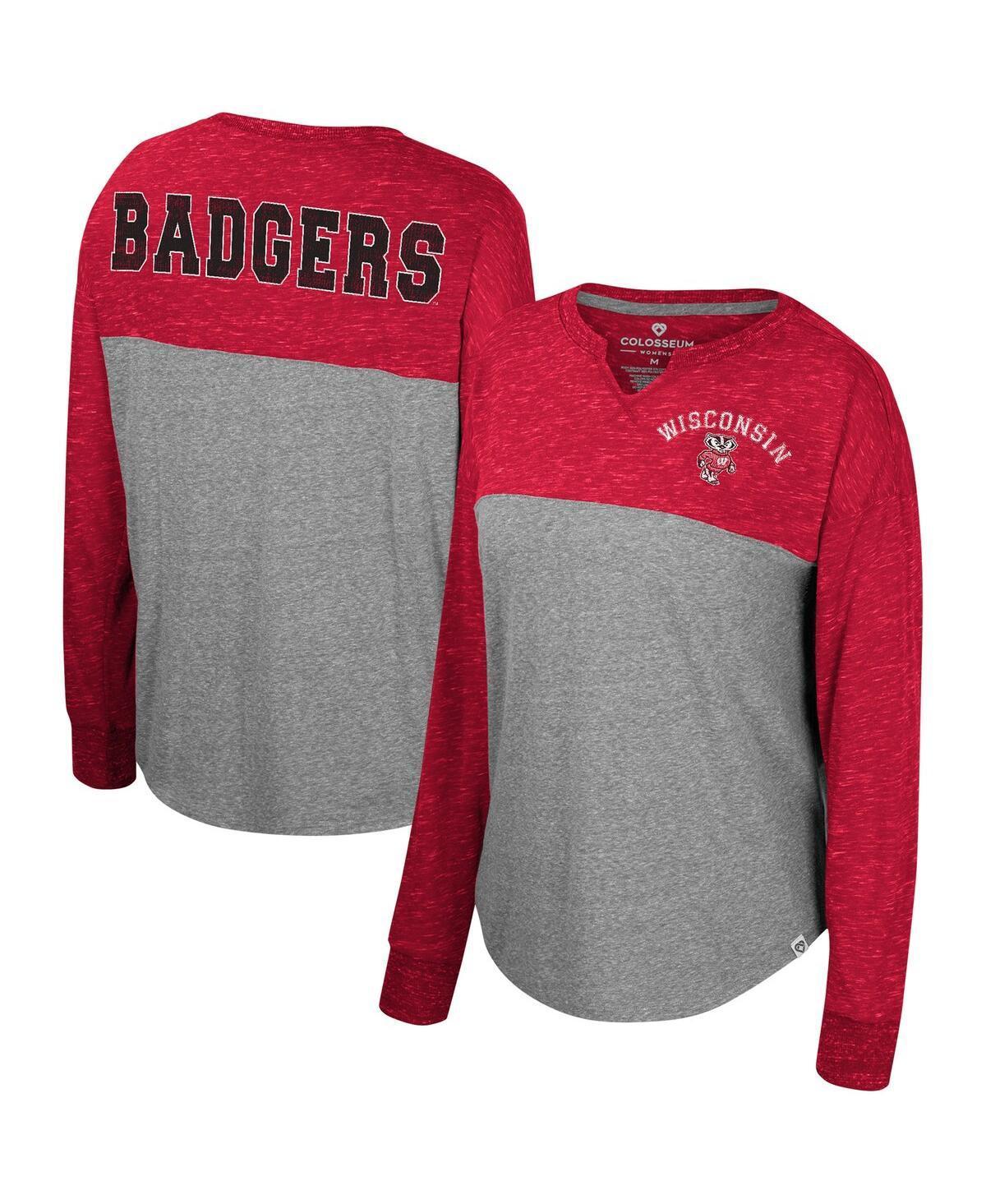 Womens Colosseum Heather Gray Distressed Wisconsin Badgers Jelly of the Month Oversized Tri-Blend Long Sleeve T-shirt - Heather Gray Product Image