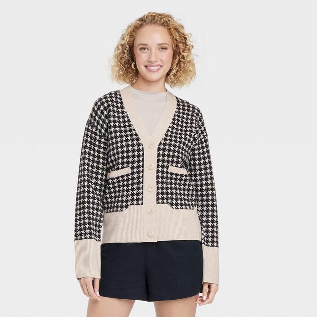 Women's Cozy Knit Everyday Cardigan - A New Day™ Taupe/Black Houndstooth S Product Image