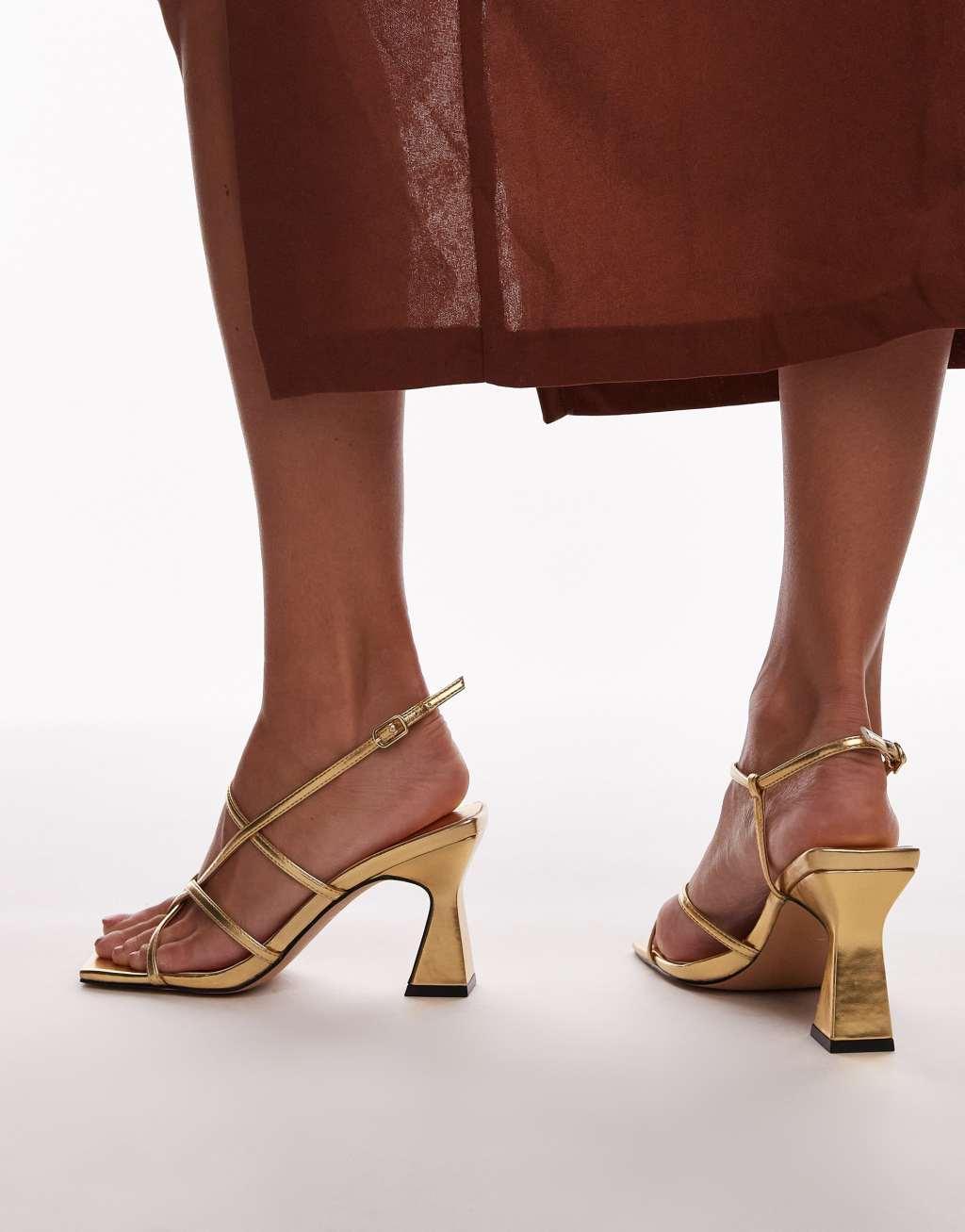 Topshop Wide Fit Gracy strappy block heeled sandals in gold Product Image