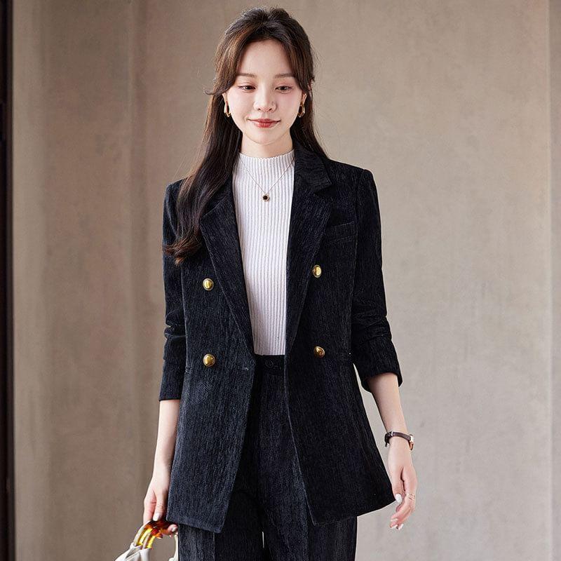 Lapel Collar Plain Double Breasted Blazer / Mid Rise Plain Wide Leg Fit Dress Pants / Set Product Image