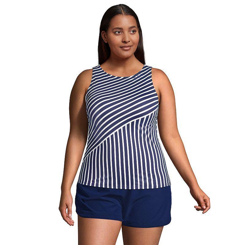 Plus Size Lands End UPF 50 Bust Minimizer Tankini Swimsuit Top, Womens Deep Blue Stripe Product Image