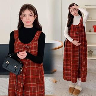 Maternity Long-Sleeve Mock Neck Plain Knit Top / Scoop Neck Plaid Maxi Dungaree Dress Product Image