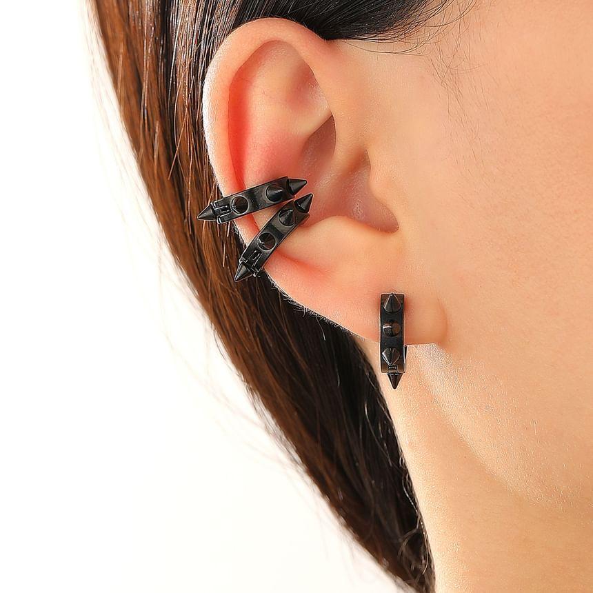 Set of 3: Studded Stainless Steel Ear Cuff + Huggie Earring Product Image