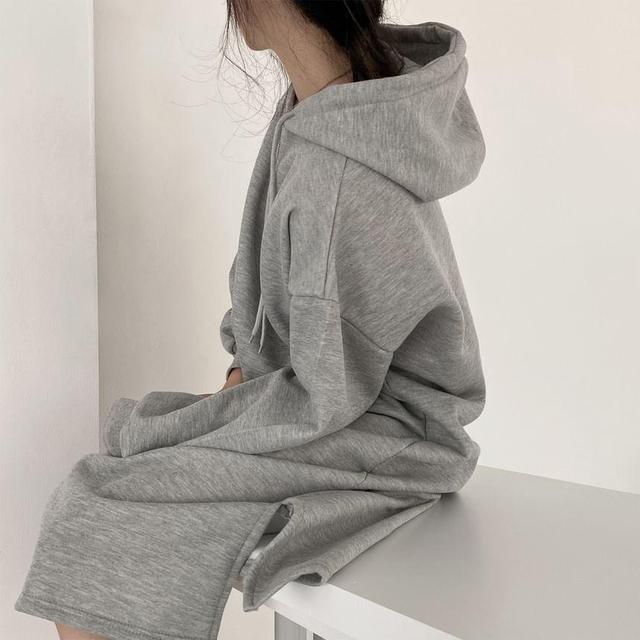 Long Sleeve Round Neck Loose Fit Hoodie Dress Product Image