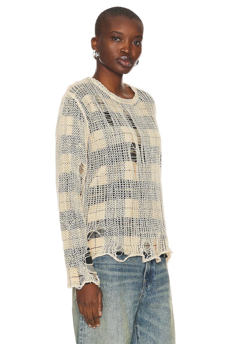 R13 Overlay Distressed Relaxed Crewneck in Cream On Black & Beige Plaid - Beige. Size XS (also in ). Product Image