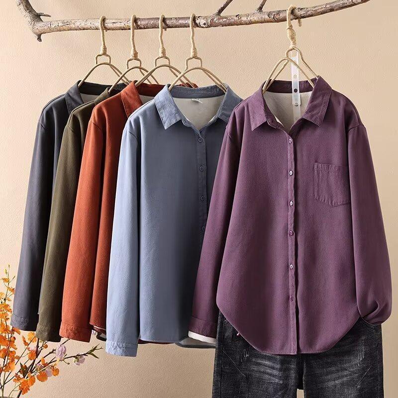 Plain Fleece-Lined Button-Up Shirt Product Image