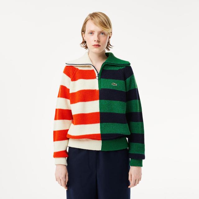 Women's Wool Zip Neck Contrast Stripe Colorblock Sweater Product Image