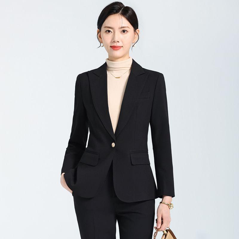 Set: Lapel Collar Plain Single Breasted Blazer + Mid Waist Plain Slacks Product Image