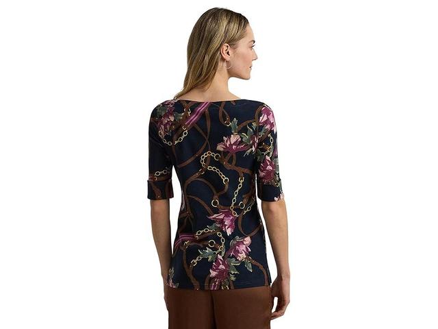 LAUREN Ralph Lauren Print Cotton Boatneck Tee (Navy Multi) Women's Clothing Product Image