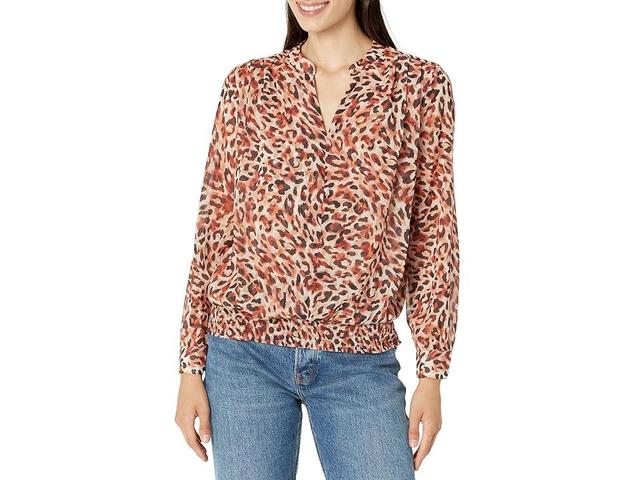 Liverpool Long Sleeve Woven Blouse with Smocked Waistband (Watercolor Cheetah Print) Women's Clothing Product Image