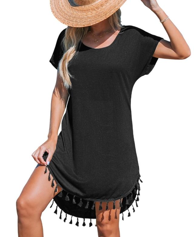 Cupshe Womens Black Round Neck Short Sleeve Tassel Hem Mini Beach Dress Product Image