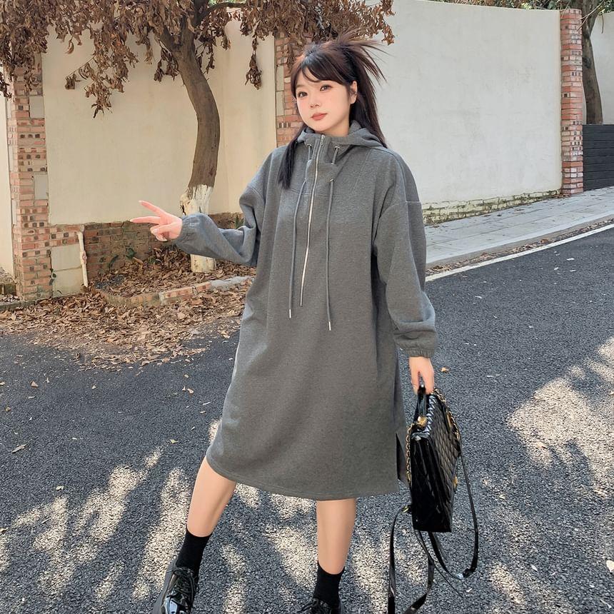 Plus Size Long-Sleeve Half-Zip Hoodie Dress Product Image