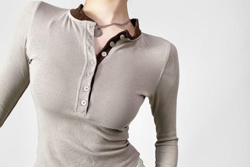 Mock Two-Piece Long-Sleeve Henley Two Tone Top Product Image