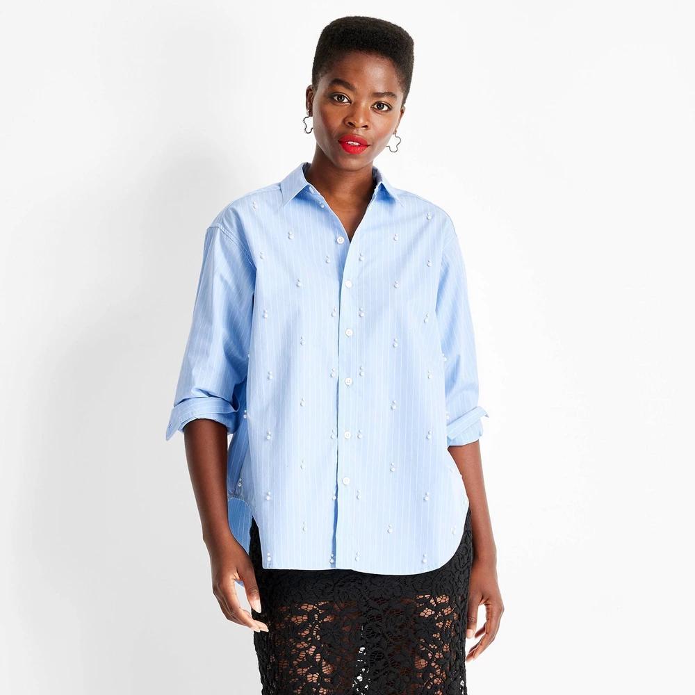 Womens Long Sleeve Collared Embellished Asymmetrical Button-Down Shirt - Future Collective Blue L Product Image