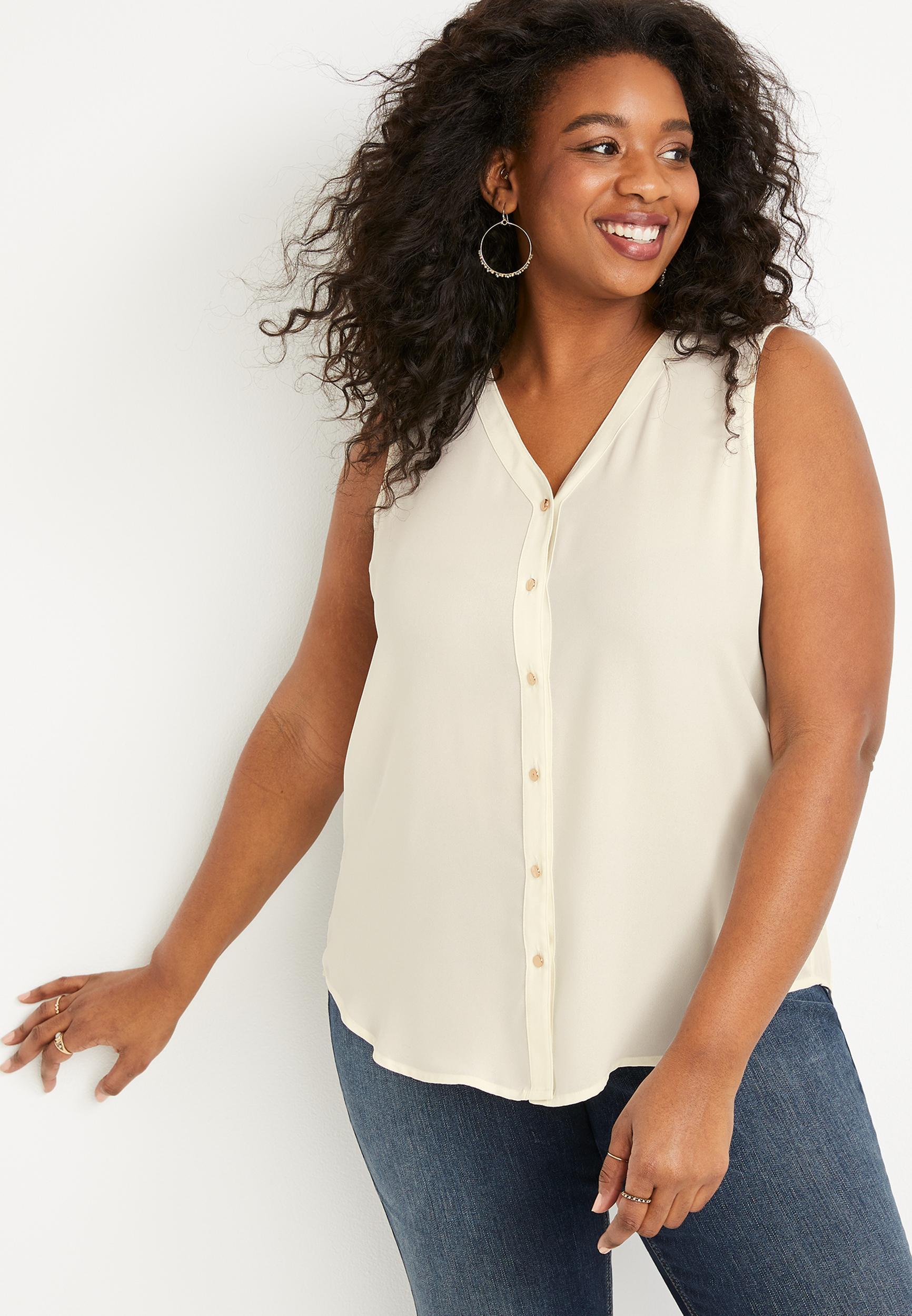 Maurices 1X Plus Size Women's Madison Solid Button Down Tank Top White - 1X Product Image