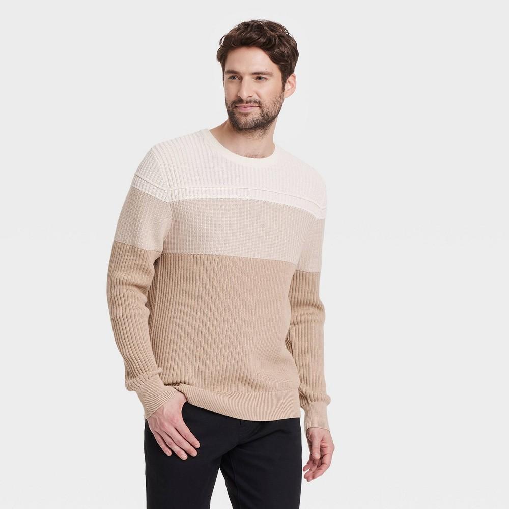 Mens Crewneck Pullover Sweater - Goodfellow & Co Neutral Stripe L Product Image