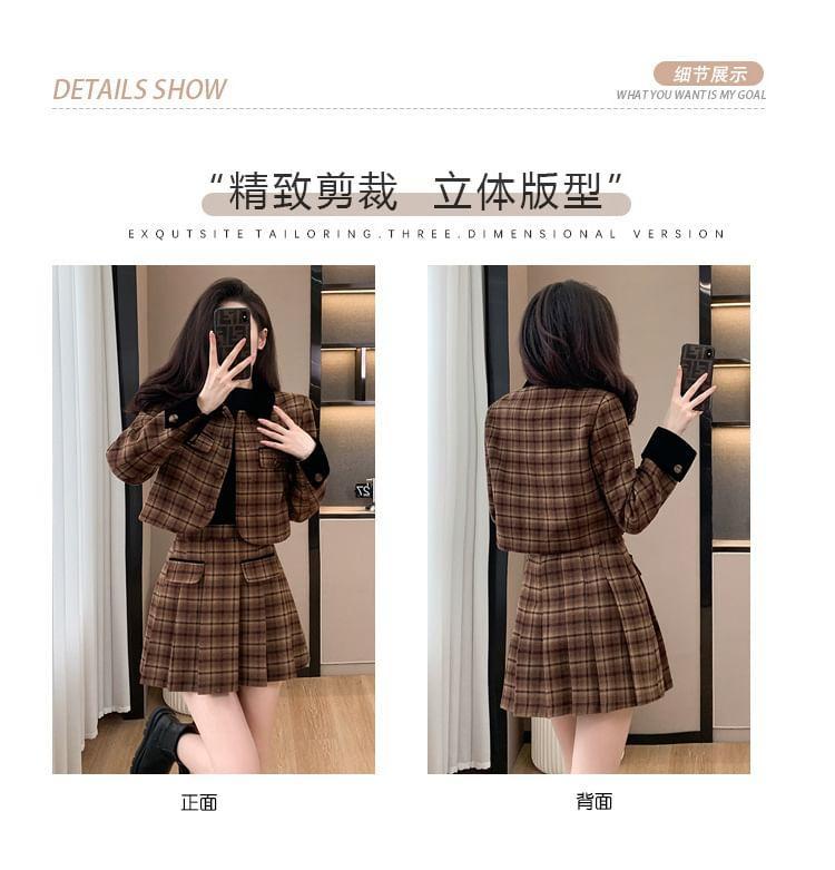 Set: Plaid Button-Up Crop Jacket + Mini Pleated Skirt Product Image