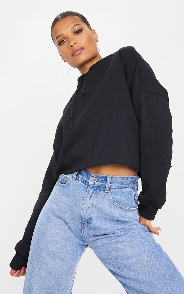 Black Oversized Fit Cropped Hoodie Product Image