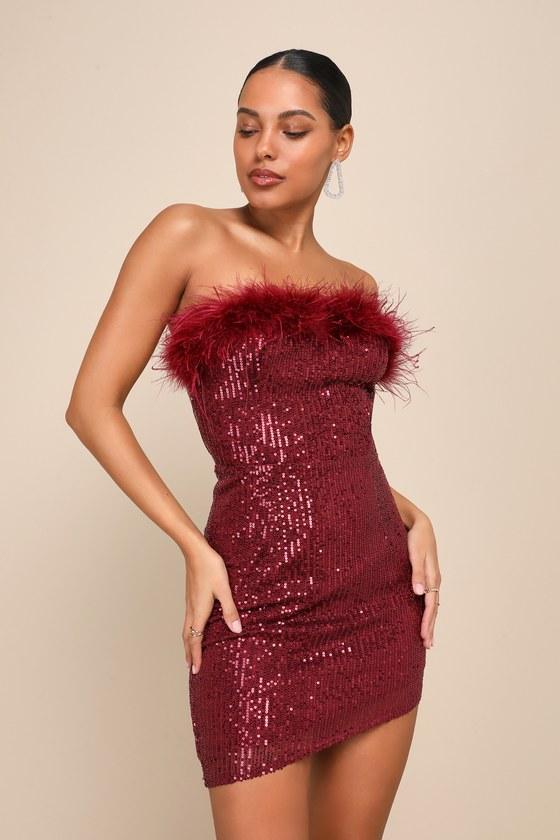 Glam Energy Burgundy Sequin Feather Asymmetrical Mini Dress Product Image