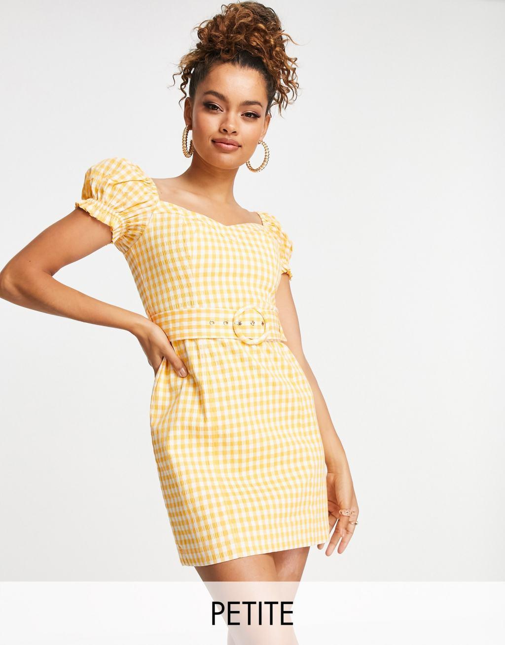 Ever New Petite puff sleeve belted mini dress in amber gingham Product Image