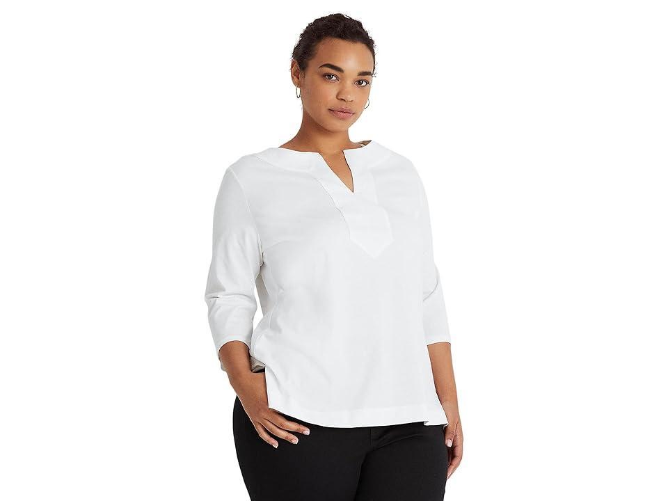 Lauren Ralph Lauren Plus Size Split Round Neck 34 Sleeve Woven Trim Knit Top Product Image