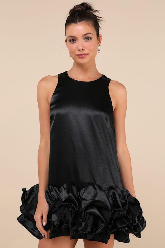 Contemporary Stunner Black Satin Ruffle Hem Shift Mini Dress Product Image