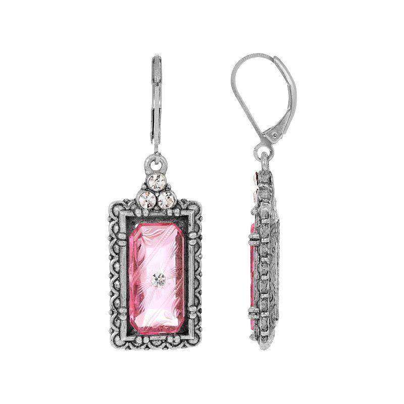 1928 Silver Tone Rectangle Simulated Crystal Stone Earrings, Womens, Pink Product Image