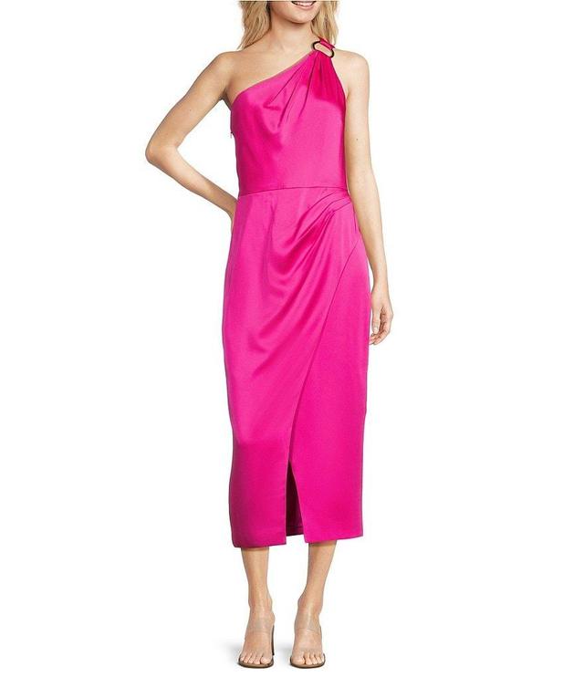 Alex Marie Shirley Satin Asymmetric One Side Sleeveless Sheath Wrap Midi Dress Product Image