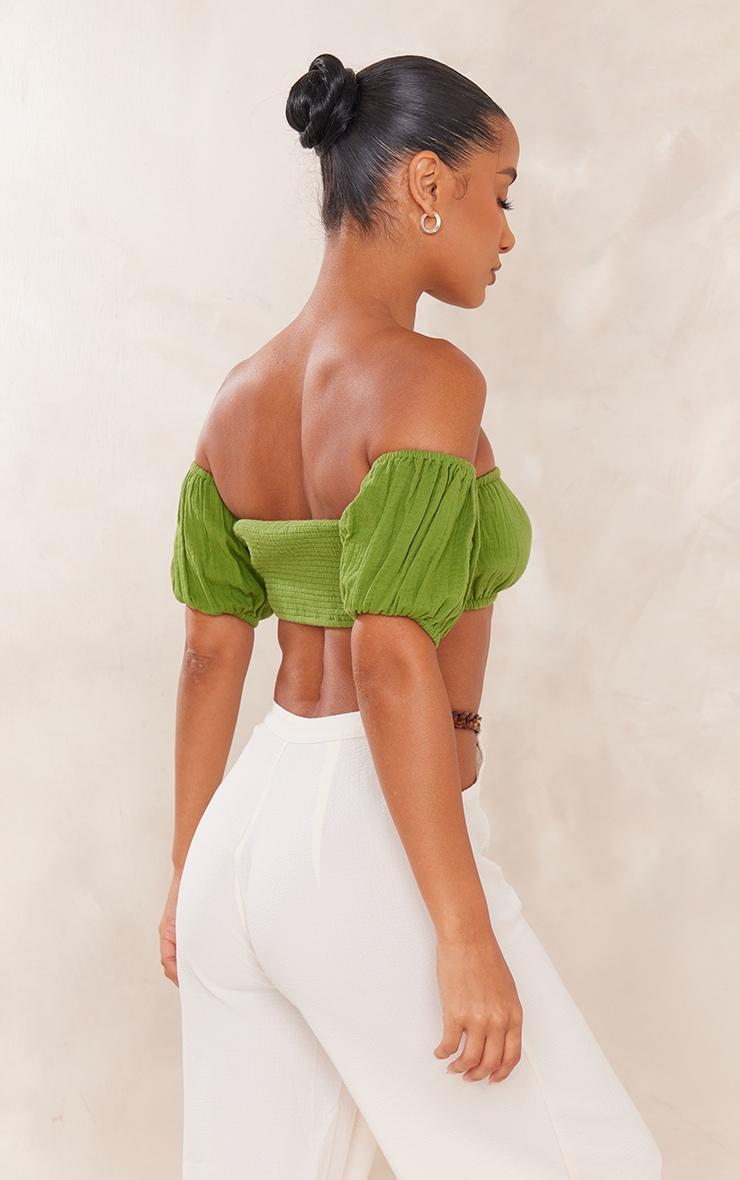 Olive Cotton Shirred Puff Sleeve Crop Top Product Image