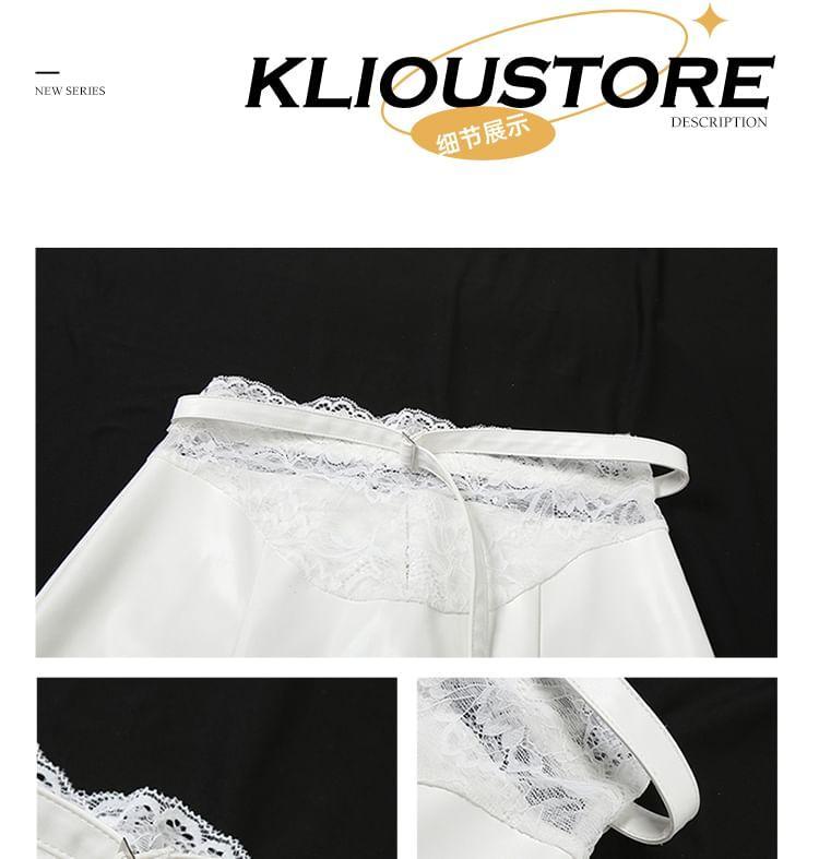 Plain Lace Panel Cropped Bustier Top / High Waist Side-Slit Mini Pencil Skirt Product Image