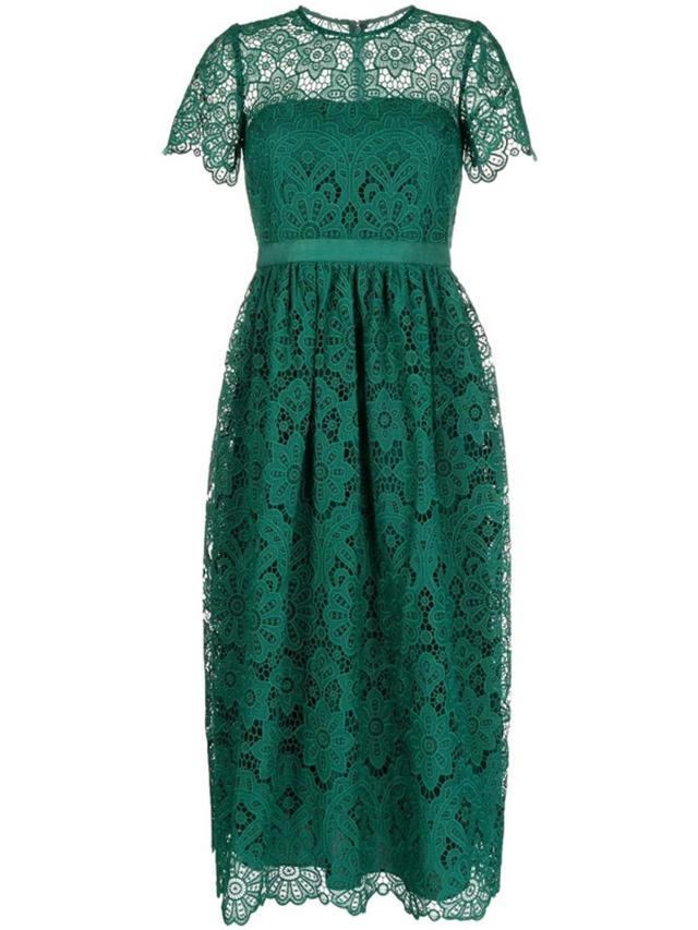 Floral Broderie-pattern Woven Midi Dress In Green Product Image