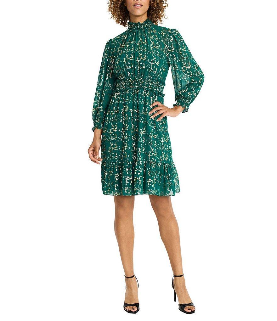 Maggy London Long Sleeve Smocked High Neck Drizzle Foil Georgette Dress Product Image