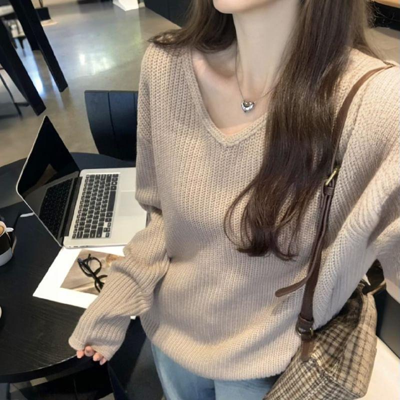 V-Neck Ribbed Plain Sweater Product Image