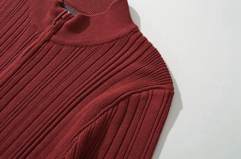 Long-Sleeve Plain Ribbed Zip-Up Knit Top Product Image