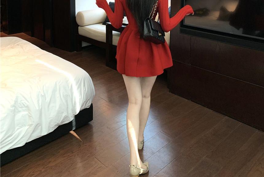 Long-Sleeve V-Neck Plain Button-Up Mini A-Line Knit Dress Product Image