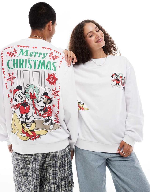 ASOS DESIGN Disney Christmas oversized sweatshirt with Mickey Mouse & Minnie Mouse prints in white Product Image