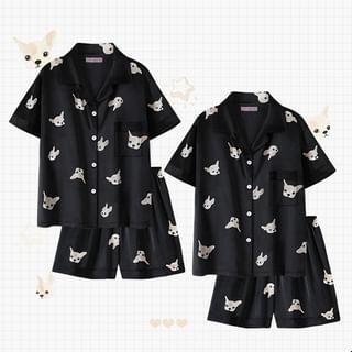 Couple Matching Short-Sleeve Collared Dog Print Button Pajama Top / Elastic Waist Shorts / Straight Leg Pants / Set Product Image