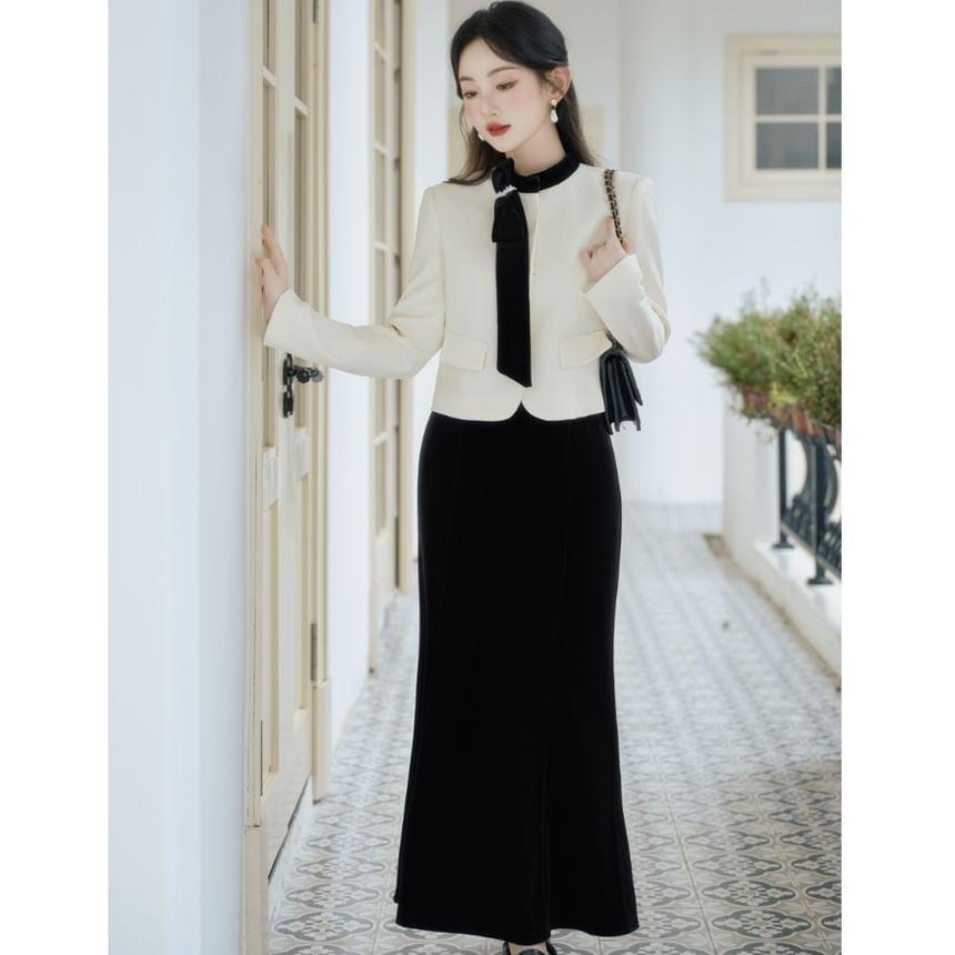 Set: Stand Collar Two Tone Jacket + Mid Waist Plain Midi A-Line Skirt Product Image