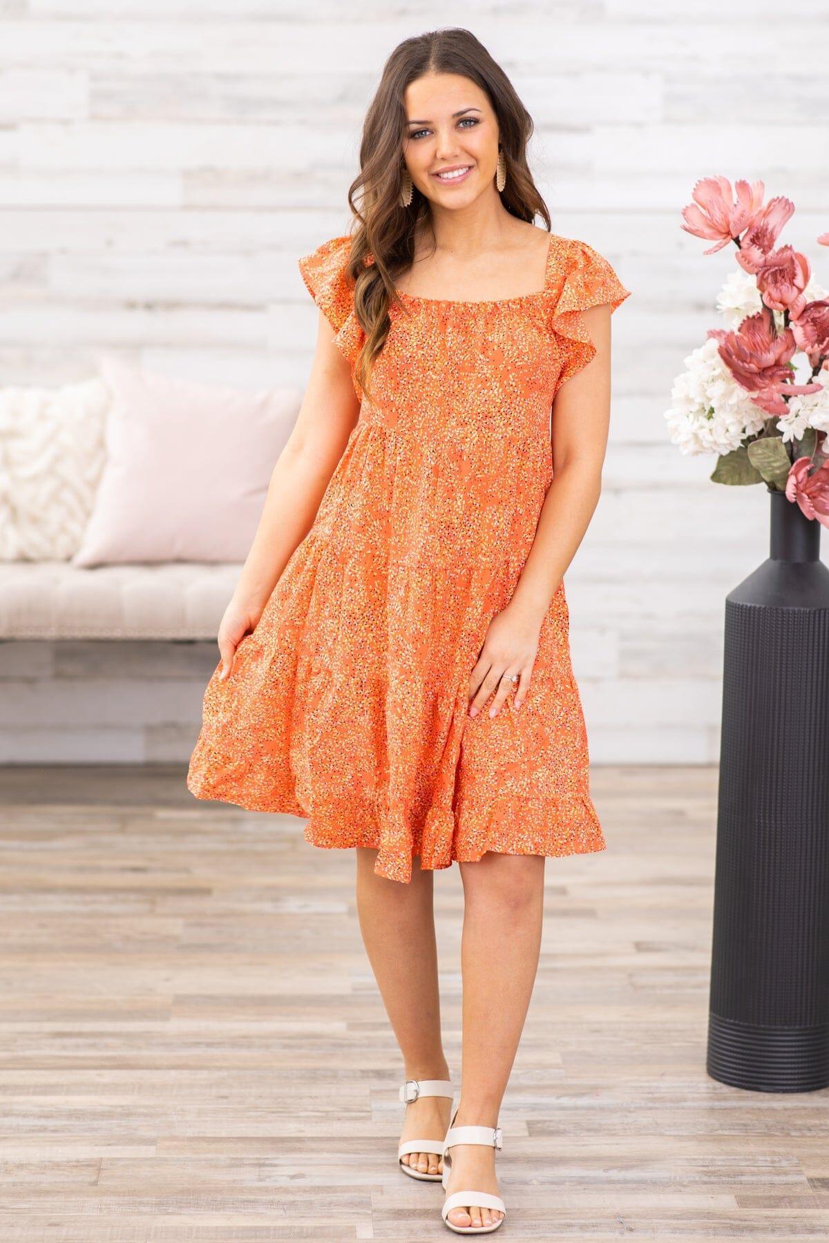 Orange Ditsy Floral Flutter Sleeve Dress Product Image