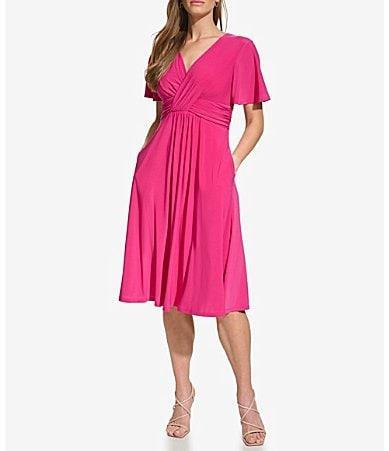 Jessica Howard Short Sleeve V-Neck Ruched Knot Fit And Flare Dress Product Image