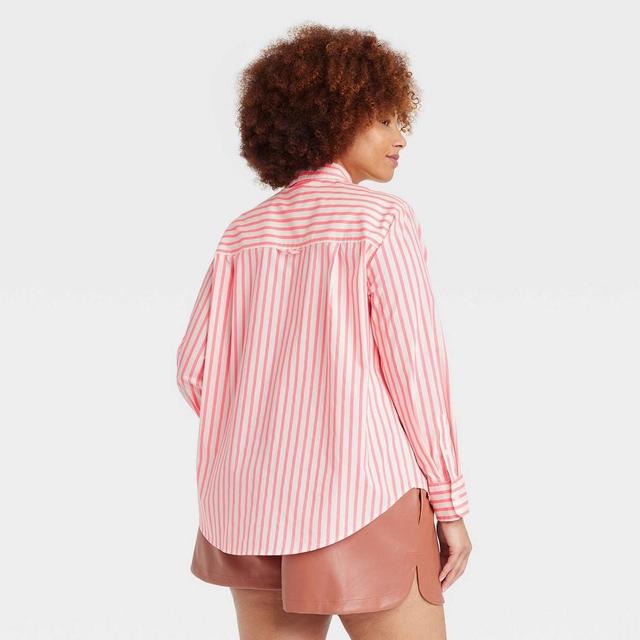 Women's Slim Fit Boyfriend Tailored Long Sleeve Button-Down Shirt - A New Day™ Pink/White Striped 2X Product Image