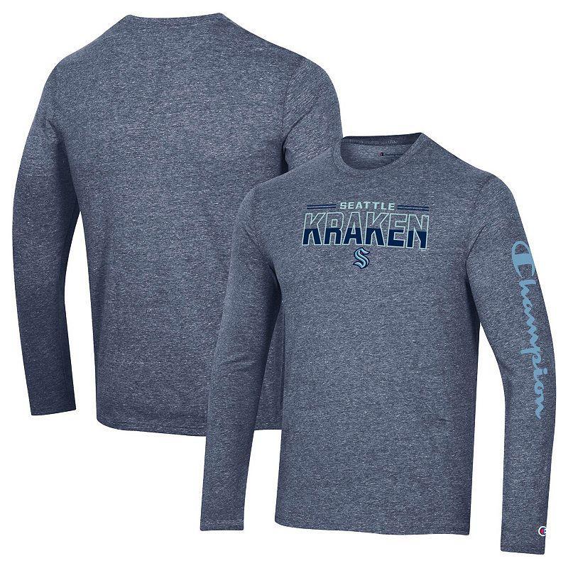 Mens Champion Heather Navy Seattle Kraken Tri-Blend Long Sleeve T-shirt Product Image