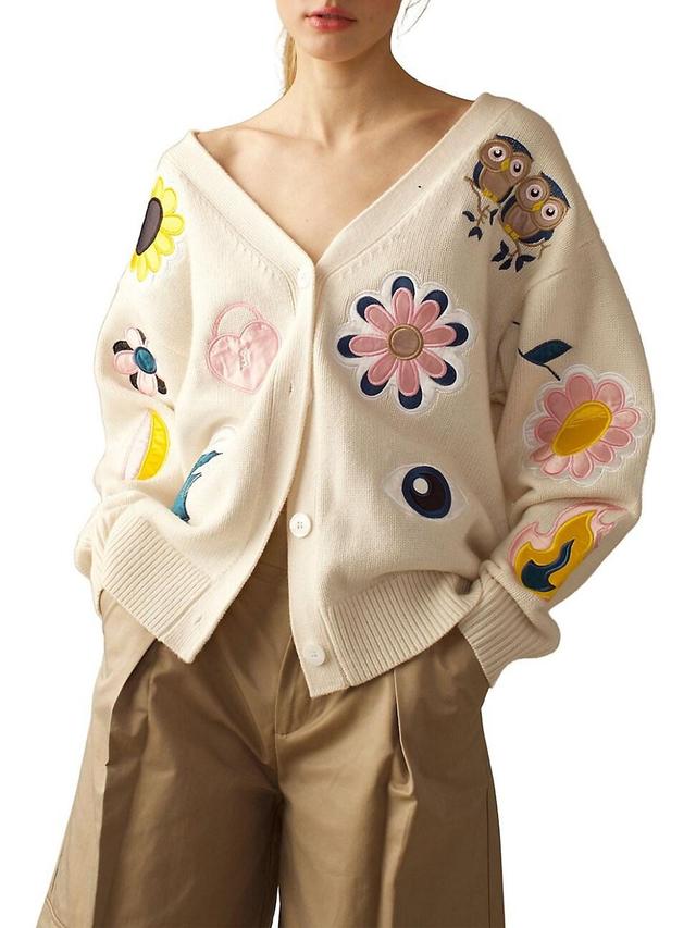 Womens Fun Patches Knit Button-Front Cardigan Product Image