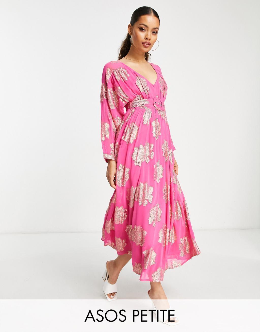 ASOS DESIGN Petite belted batwing maxi tea dress in pink metallic jacquard product image