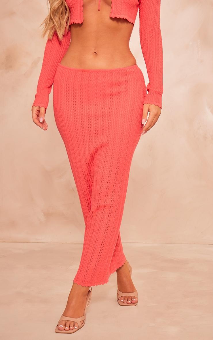 Coral Textured Crochet Knit Maxi Skirt Product Image