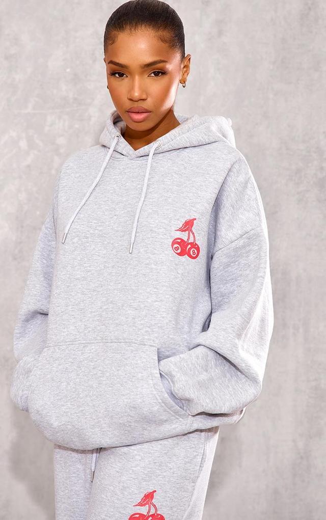 Grey Marl Cherry Print Oversized Hoodie Product Image