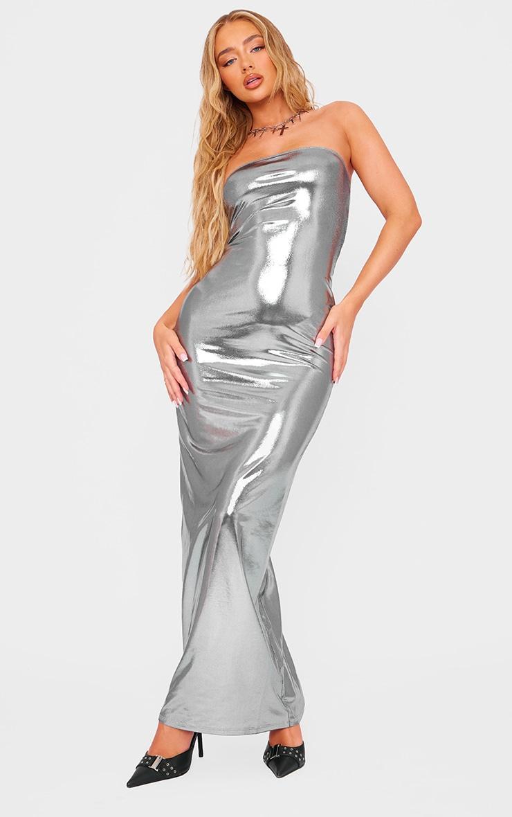 Silver Metallic Slinky Bandeau Bodycon Maxi Dress Product Image